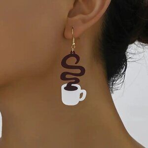 Attention Cafe’ Lover Cute Retro Artsy Coffee Cup Inspire Resin Hanging Earrings